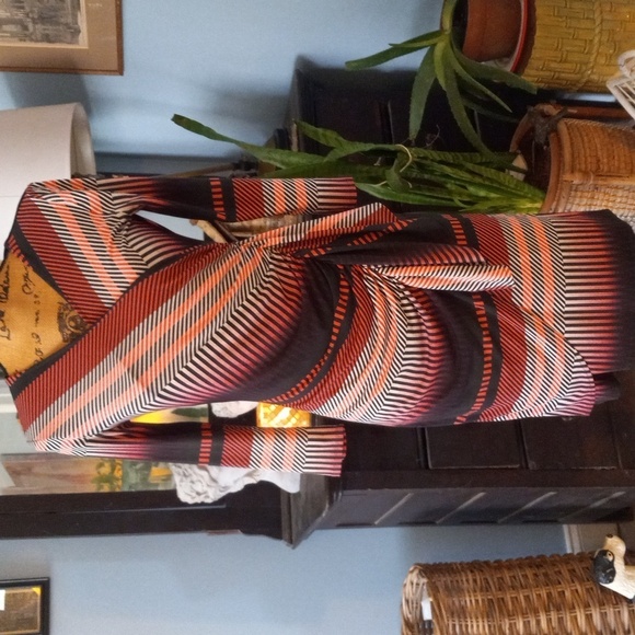 New York & Company Multicolored Stripe Ruffled Stretch Faux Wrap Dress - Picture 1 of 14